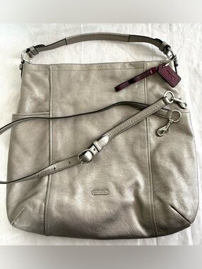COACH Metallic Leather Convertible Hobo Bag Silver / Champagne / Taupe Crossbody